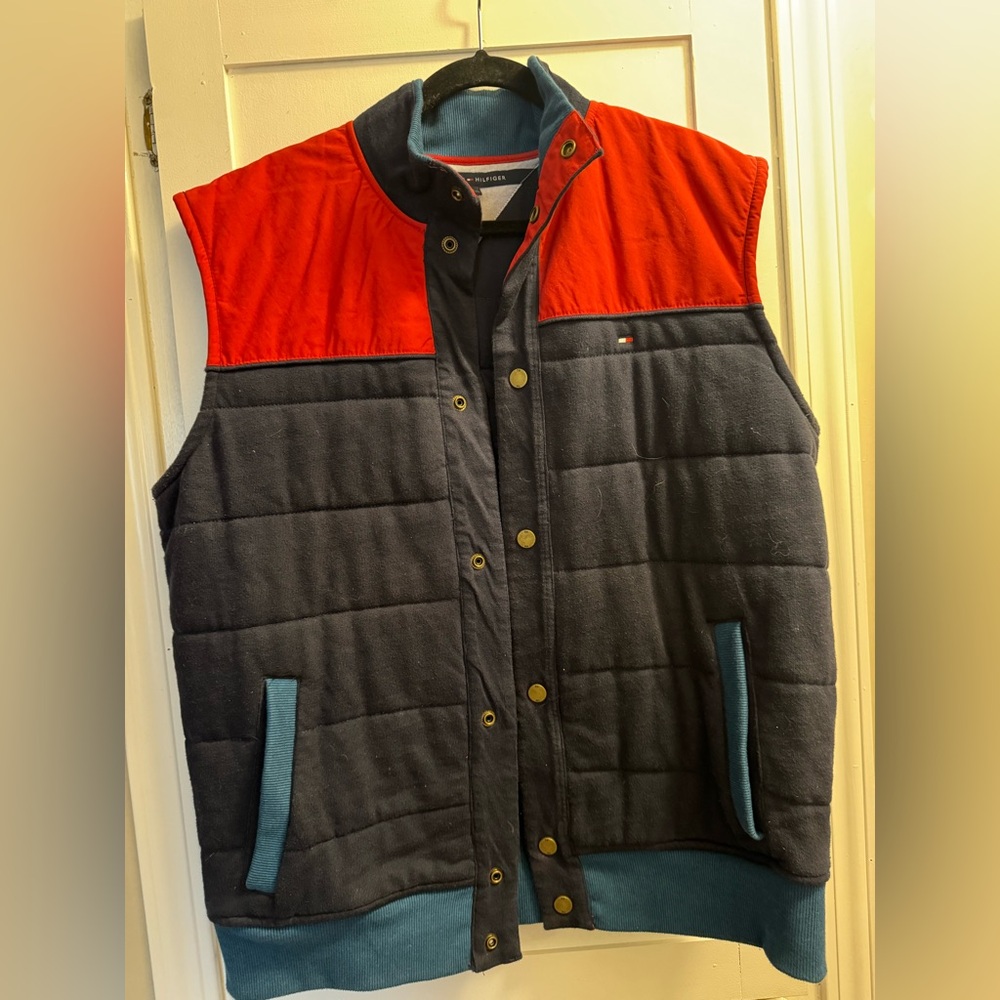 Tommy Hilfiger Mens Blue Red Collared Full Zip Vest Jacket Sz Large
